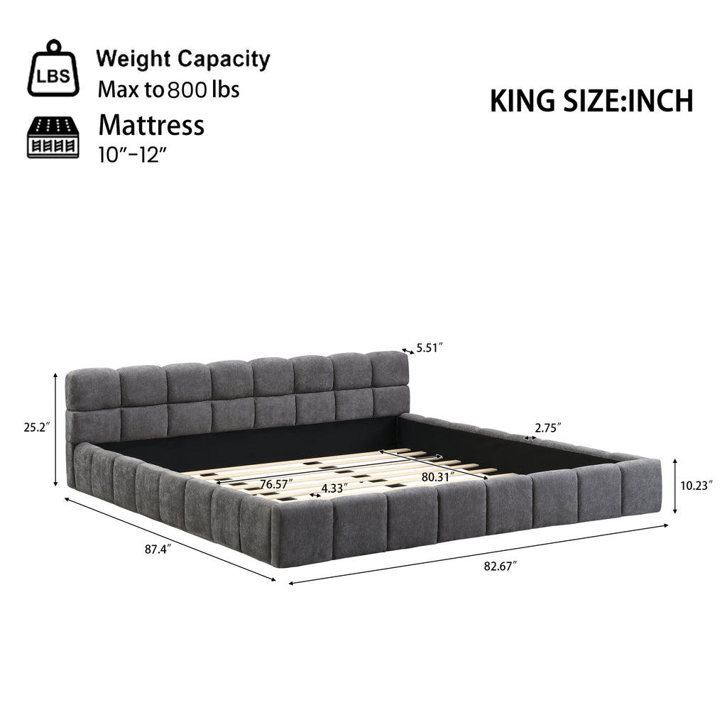 Elegant Beige Chenille Upholstered Bed with Checkerboard Design, King, Grey Bed Frame