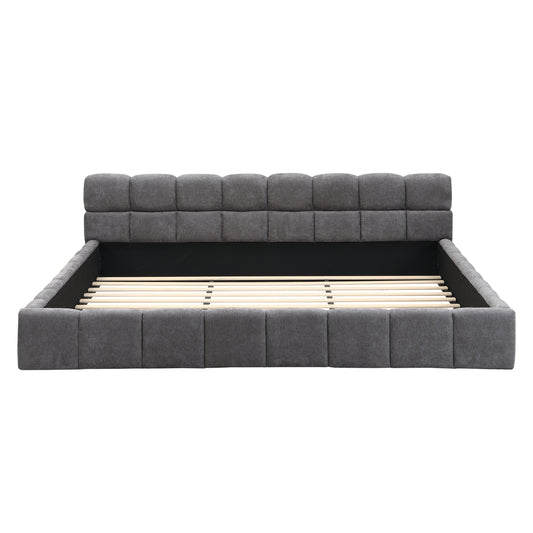 Elegant Beige Chenille Upholstered Bed with Checkerboard Design, King, Grey Bed Frame