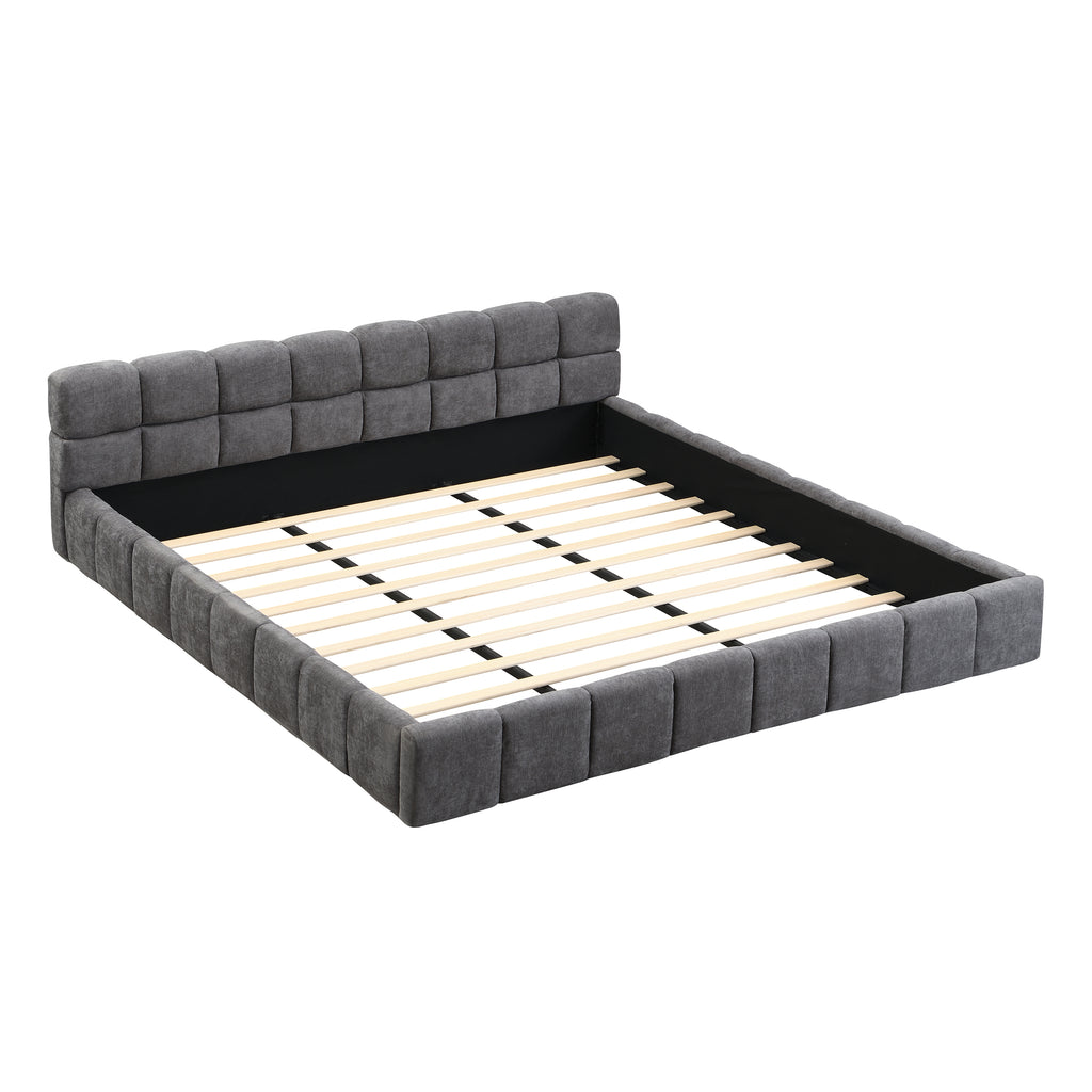 Elegant Beige Chenille Upholstered Bed with Checkerboard Design, King, Grey Bed Frame