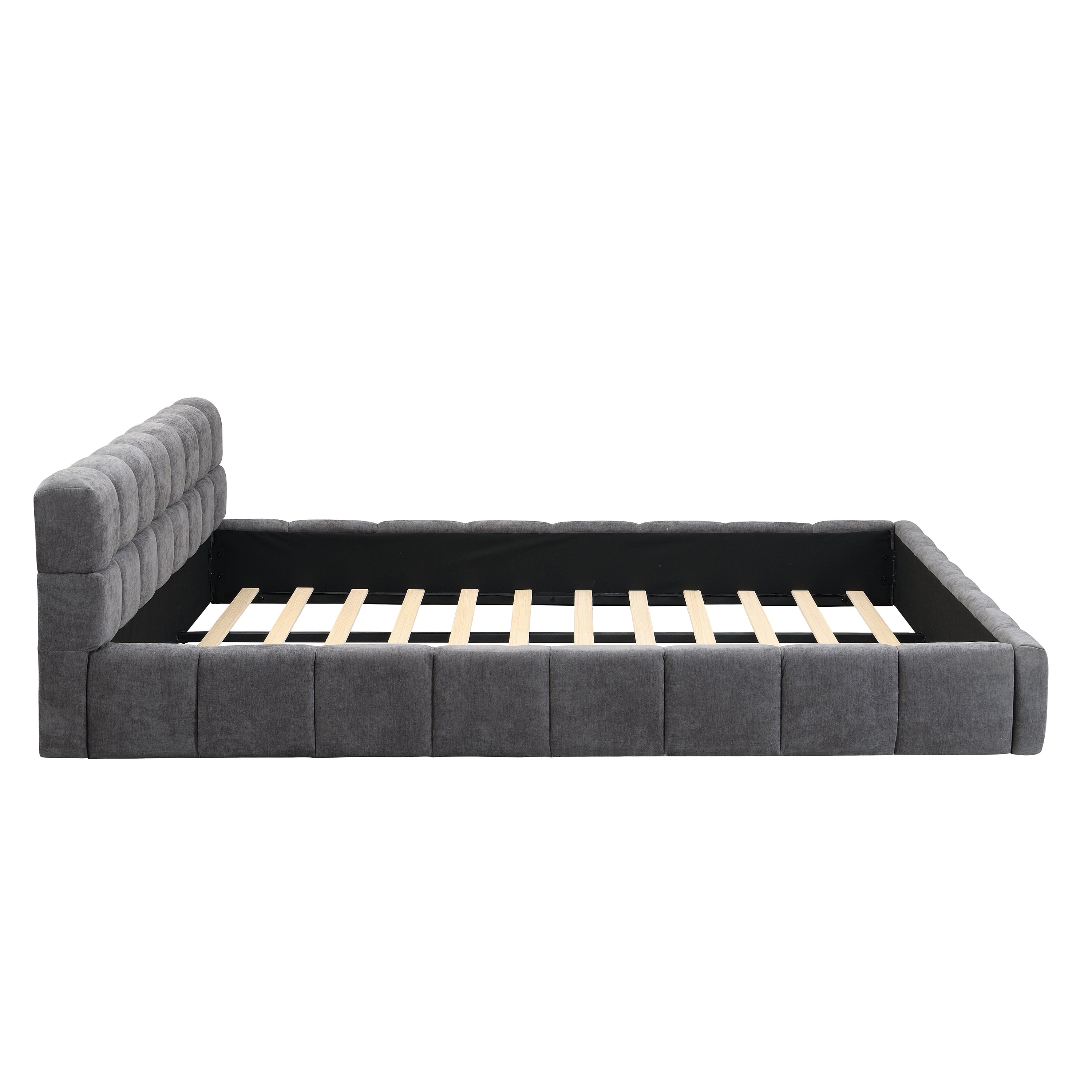 Elegant Beige Chenille Upholstered Bed with Checkerboard Design, King, Grey Bed Frame