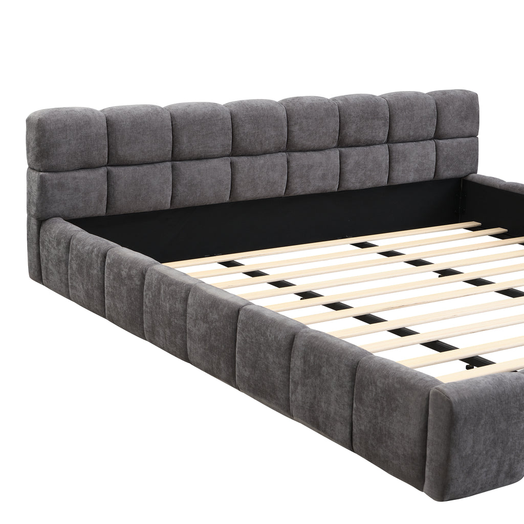 Elegant Beige Chenille Upholstered Bed with Checkerboard Design, King, Grey Bed Frame
