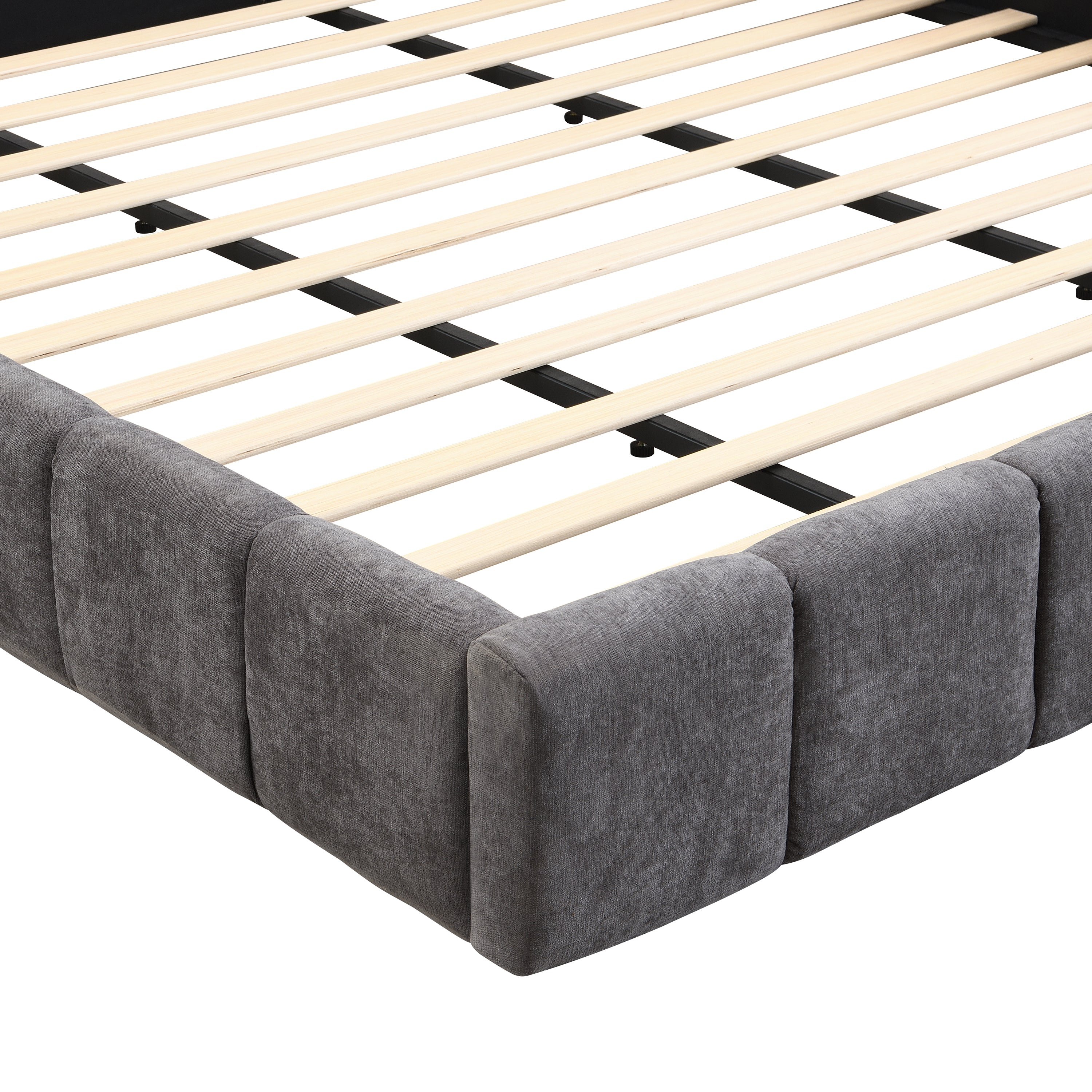 Elegant Beige Chenille Upholstered Bed with Checkerboard Design, King, Grey Bed Frame