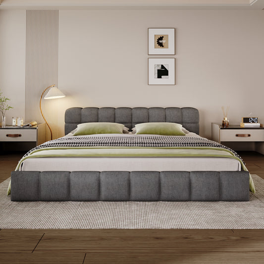 Elegant Beige Chenille Upholstered Bed with Checkerboard Design, King, Grey Bed Frame