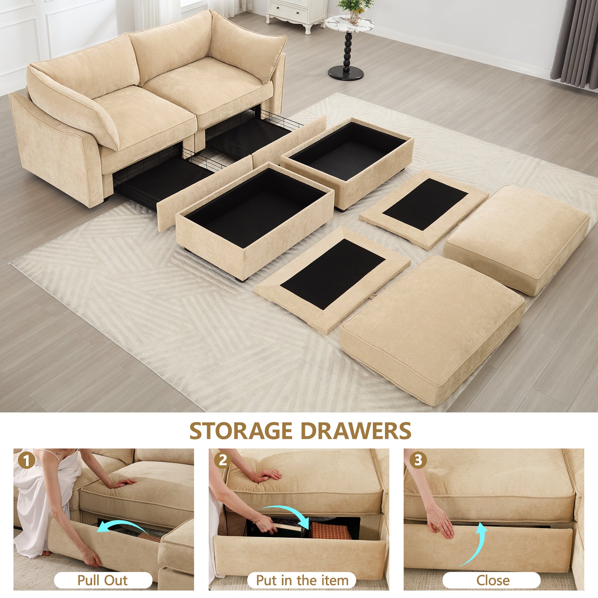 2 Seater Sofa With Pull out Storage Drawers Under Each Seat, ,2-Seat Loveseat With Excellent Storage Space, Suitable for Small Living Rooms, Chenille Color Wheat