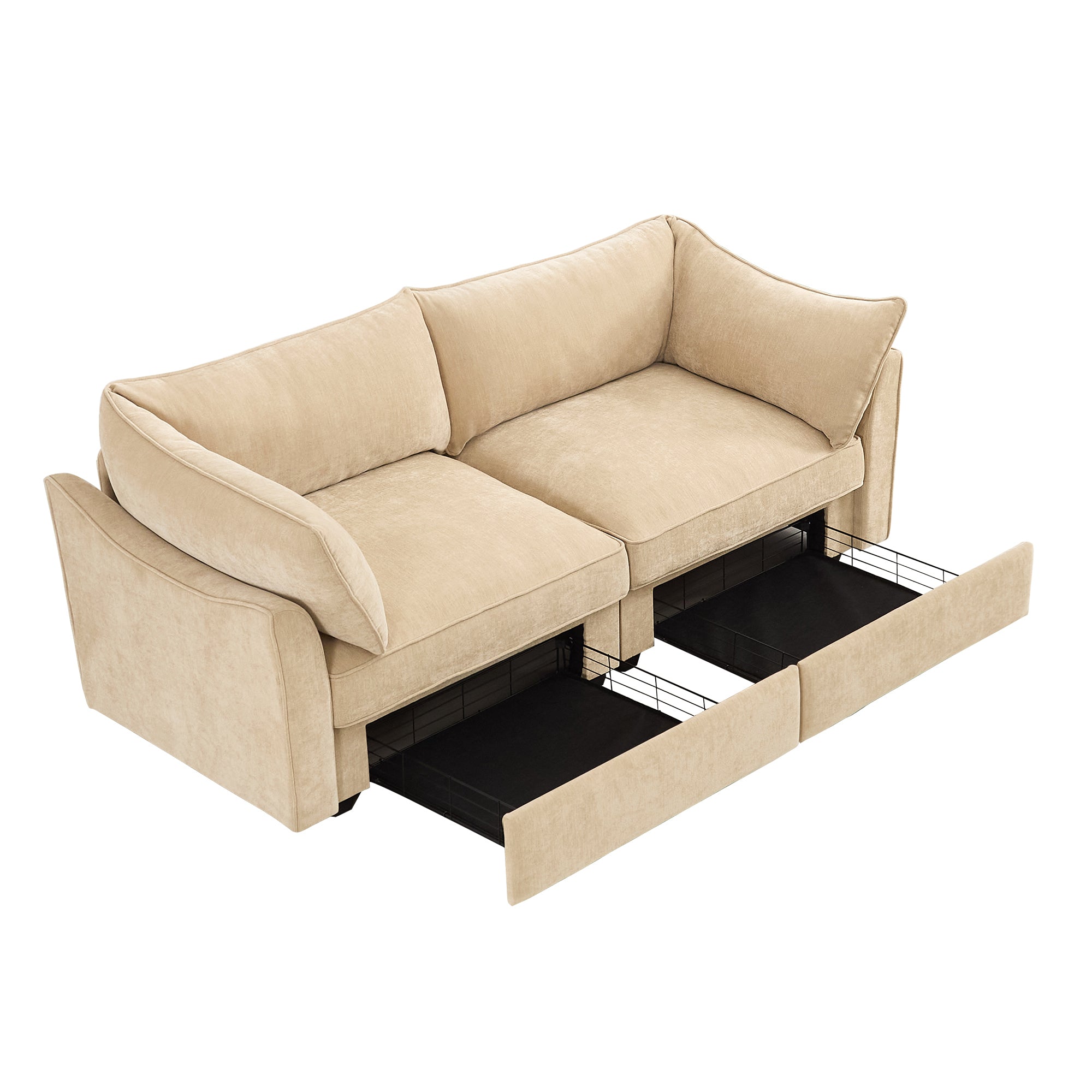 2 Seater Sofa With Pull out Storage Drawers Under Each Seat, ,2-Seat Loveseat With Excellent Storage Space, Suitable for Small Living Rooms, Chenille Color Wheat