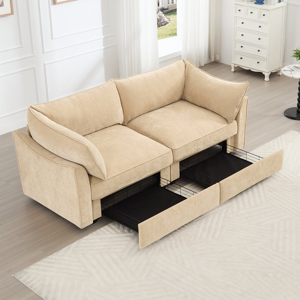 2 Seater Sofa With Pull out Storage Drawers Under Each Seat, ,2-Seat Loveseat With Excellent Storage Space, Suitable for Small Living Rooms, Chenille Color Wheat
