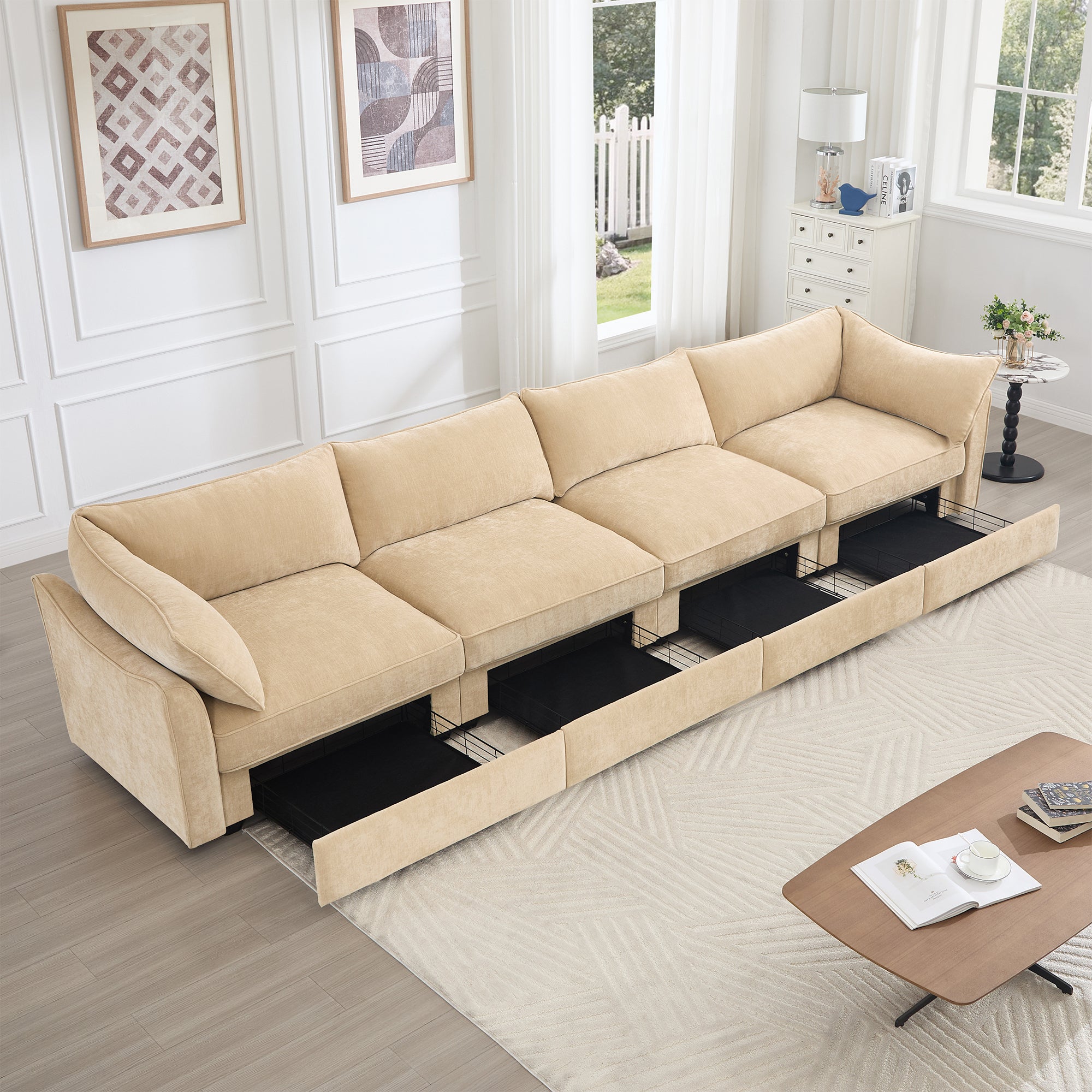 Super Large Wide and Deep Seat Sofa Couch for 4 Persons, 4 Seater Sofa with Storage Pull out Drawer Under Each Seat, 4-Seat Oversized Sofa ,Chenille Wheat