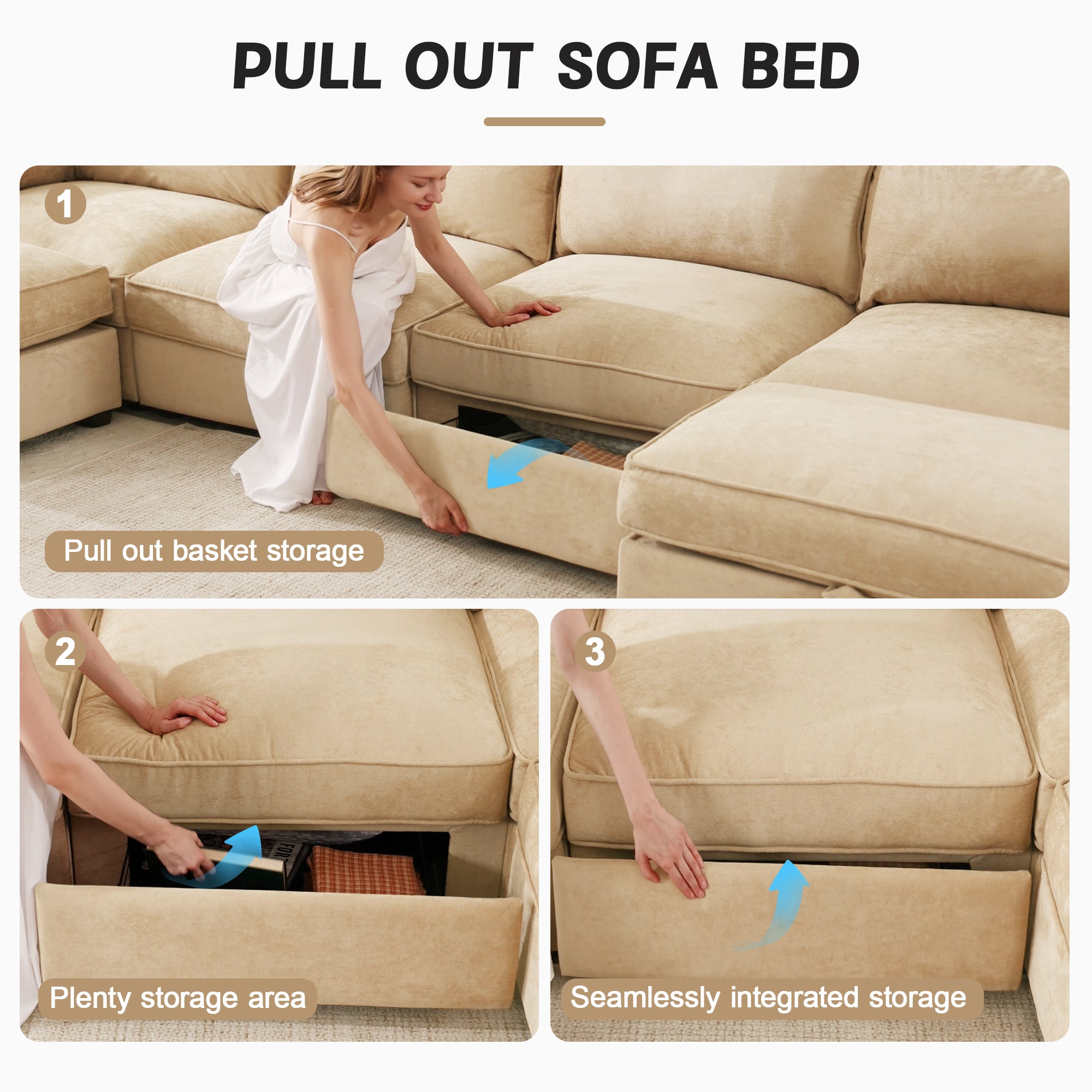 Elegant Chenille Wheat 4-Seater Oversized Sofa with Storage.