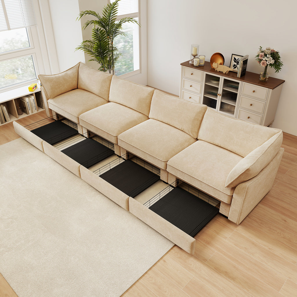 Elegant Chenille Wheat 4-Seater Oversized Sofa with Storage.