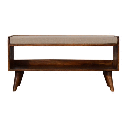 Elegant Chestnut Wood Linen Nordic Storage Bench.