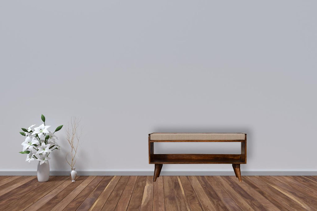 Elegant Chestnut Wood Linen Nordic Storage Bench.