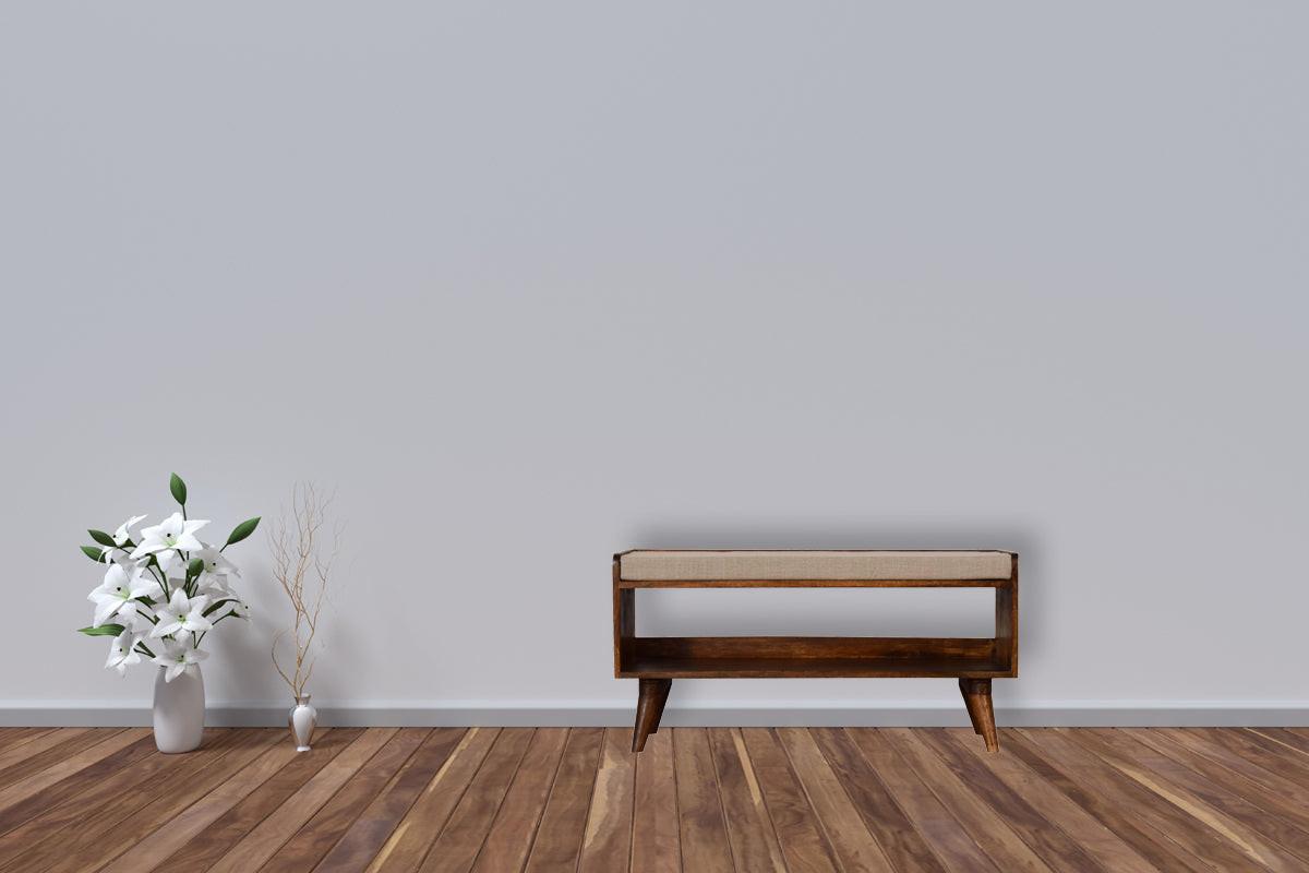 Elegant Chestnut Wood Linen Nordic Storage Bench.