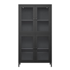 Classic Metal Storage Cabinet Display Cabinet with 4 Glass Doors 4 Shelves Cabinet Bookcase Side Cabinet for Home Office Living Room Kitchen Hallway - Black, Flat Tempered Glass