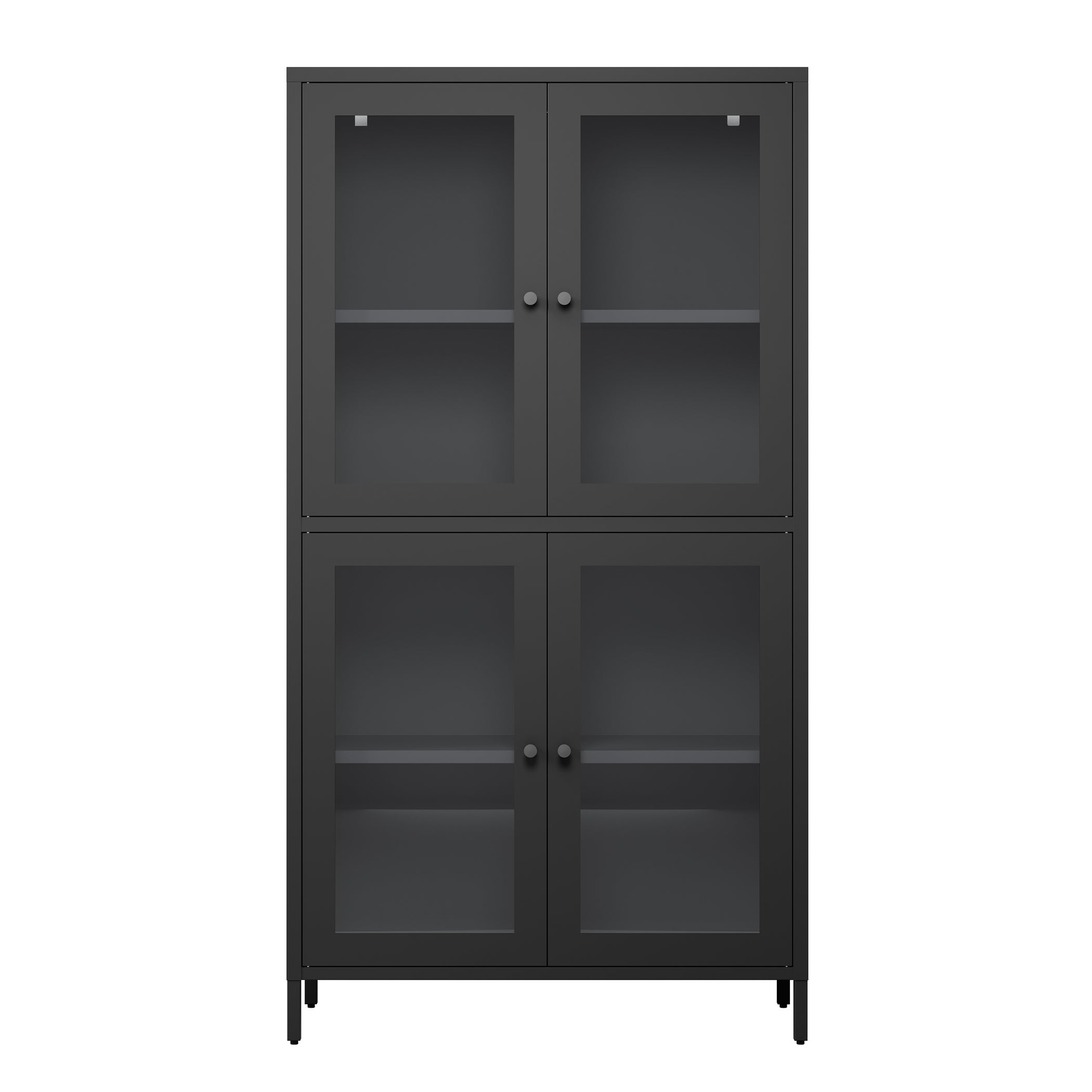 Classic Metal Storage Cabinet Display Cabinet with 4 Glass Doors 4 Shelves Cabinet Bookcase Side Cabinet for Home Office Living Room Kitchen Hallway - Black, Flat Tempered Glass