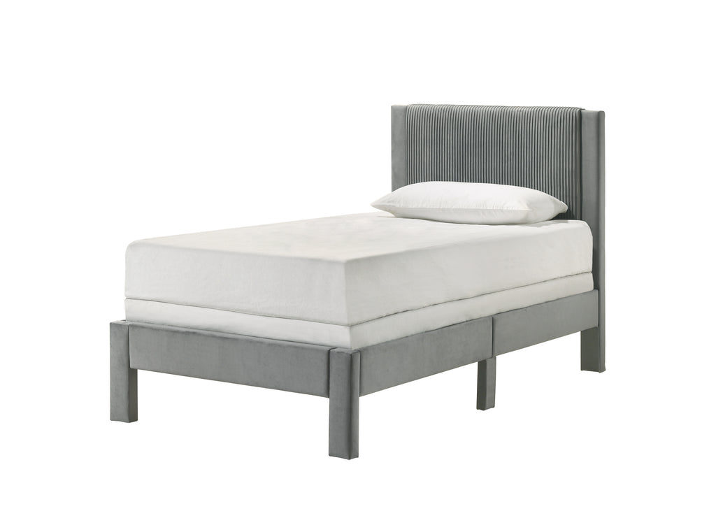 1pc Contemporary Plush Upholstered Headboard Ribbed Texture Low-profile Frame Unobtrusive Legs Youth Kids Twin Platform Bed Light Gray Bedroom Furniture