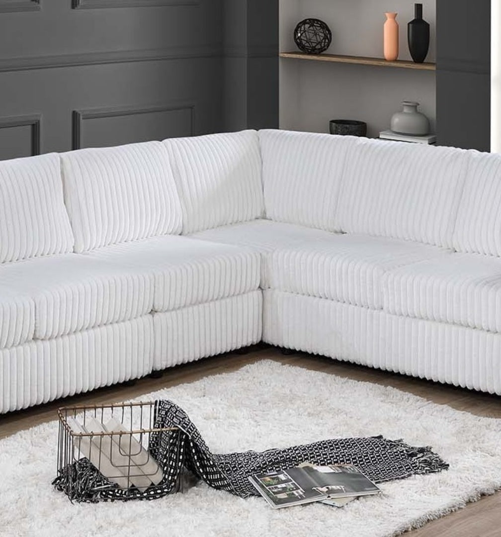 Elegant 4-Pc Sectional Set Milk One Arm Loveseat Corner Wedge Armless Chair Corduroy Upholstered L-Shaped Plush Couch