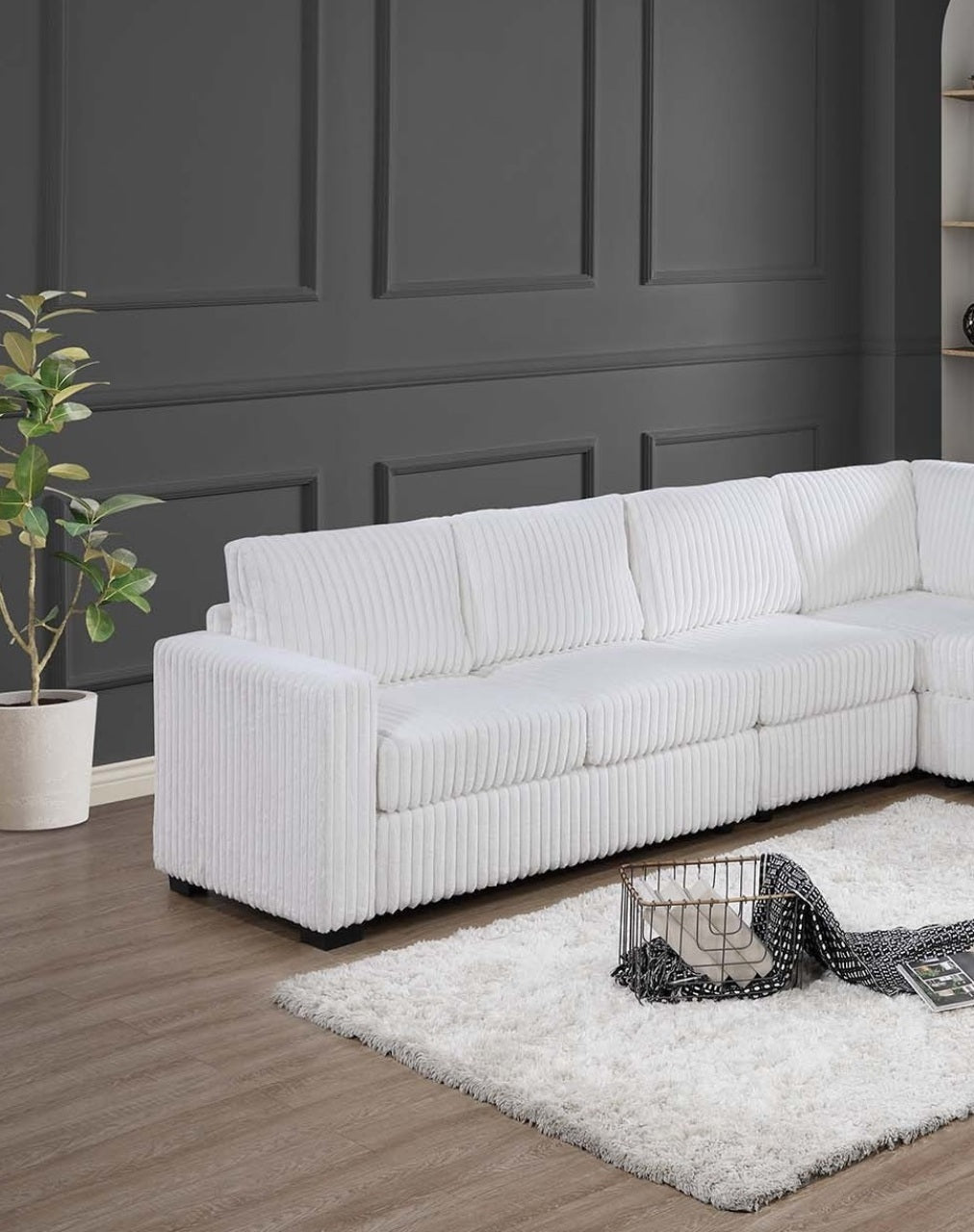 Elegant 4-Pc Sectional Set Milk One Arm Loveseat Corner Wedge Armless Chair Corduroy Upholstered L-Shaped Plush Couch