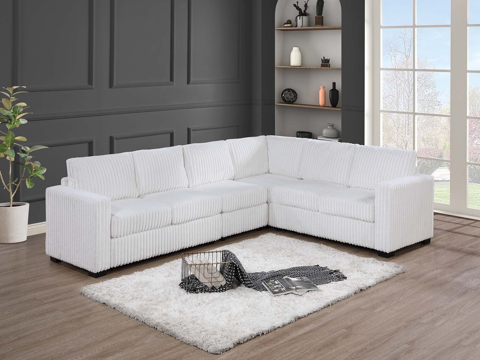 Elegant 4-Pc Sectional Set Milk One Arm Loveseat Corner Wedge Armless Chair Corduroy Upholstered L-Shaped Plush Couch