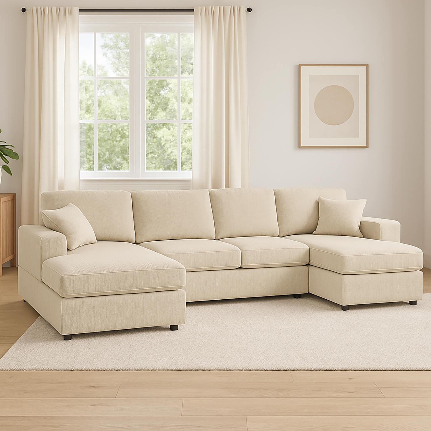3-Piece Corduroy Double-Chaise Sectional Sofa – Cream