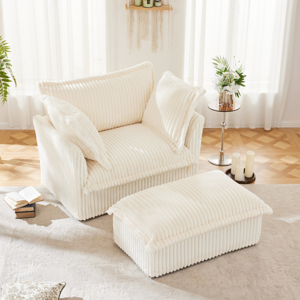 Upholstered Slipcovered Armchair with Ottoman, Deep Seat Armchair W/ Wide Ottoman for Living Room, Armchair Sets with Large Soft Pillows(Set of 2), Cream Corduroy Fabric