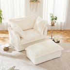 Upholstered Slipcovered Armchair with Ottoman, Deep Seat Armchair W/ Wide Ottoman for Living Room, Armchair Sets with Large Soft Pillows(Set of 2), Cream Corduroy Fabric