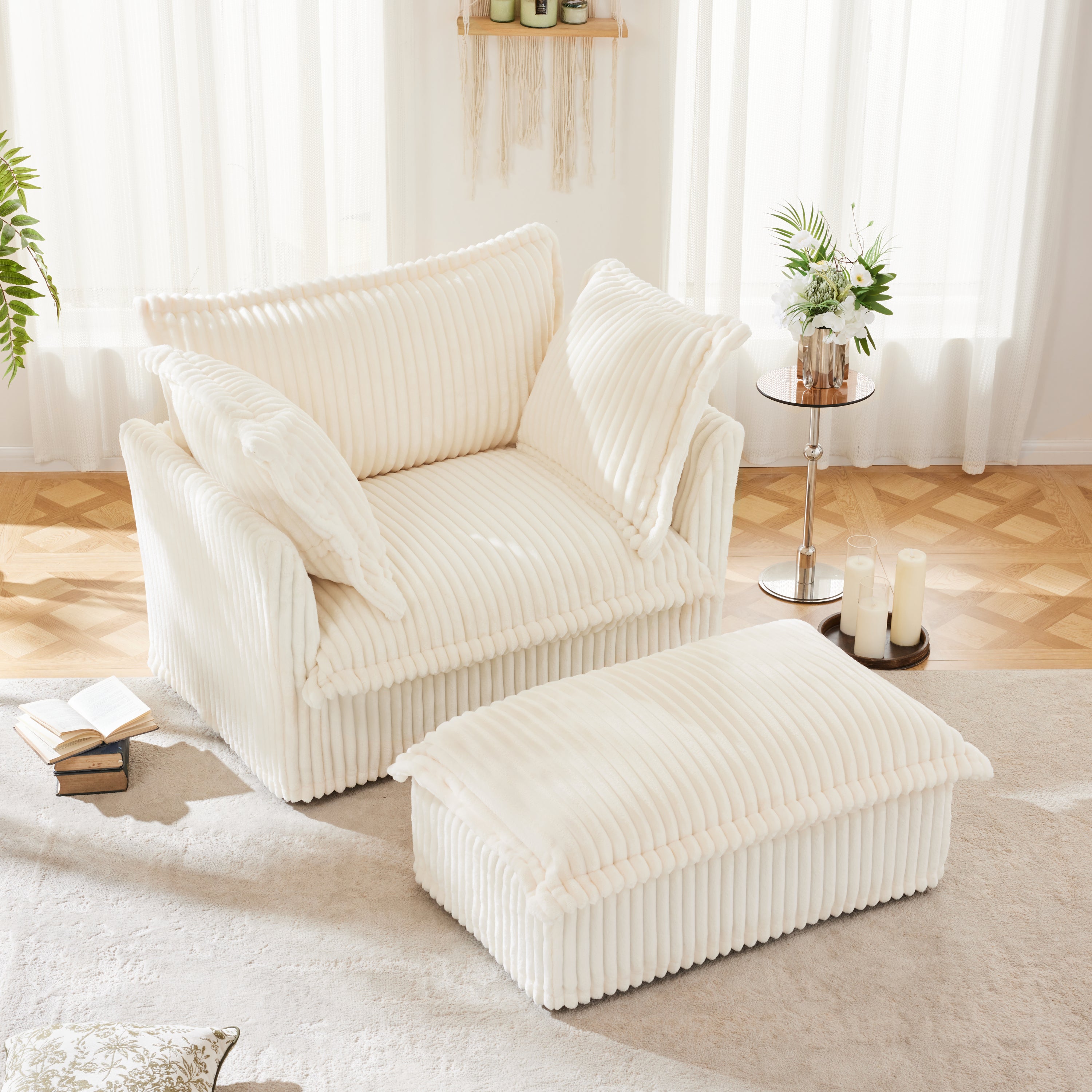 Upholstered Slipcovered Armchair with Ottoman, Deep Seat Armchair W/ Wide Ottoman for Living Room, Armchair Sets with Large Soft Pillows(Set of 2), Cream Corduroy Fabric