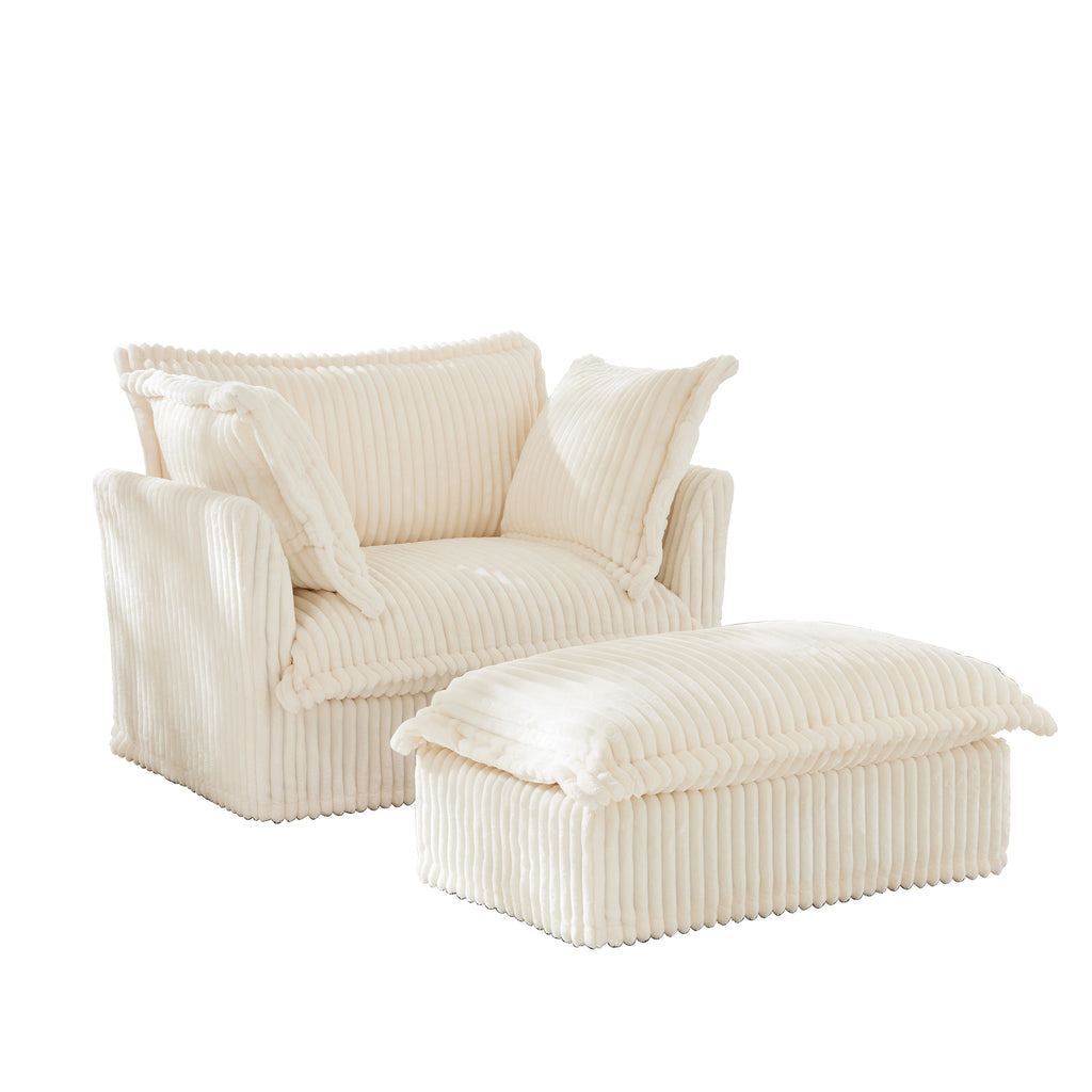 Upholstered Slipcovered Armchair with Ottoman, Deep Seat Armchair W/ Wide Ottoman for Living Room, Armchair Sets with Large Soft Pillows(Set of 2), Cream Corduroy Fabric
