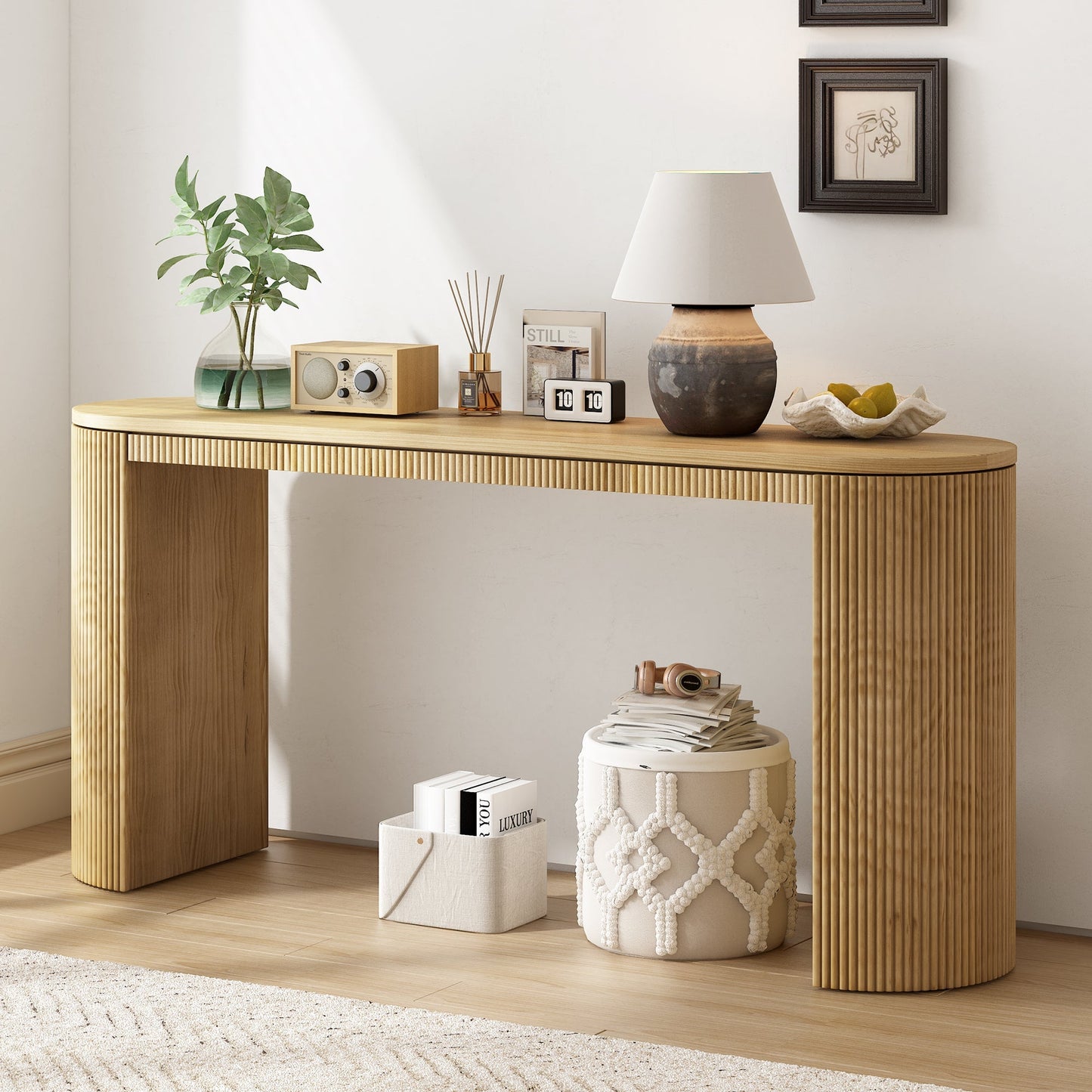 U_STYLE Curved Design Console Table with Unique Vertical Stripe Design ,Suitable for Living Room,Study and Entrance