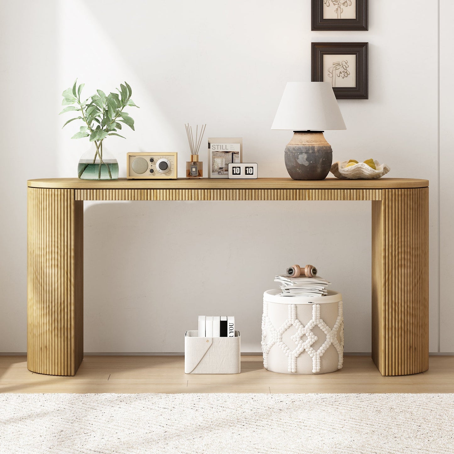 U_STYLE Curved Design Console Table with Unique Vertical Stripe Design ,Suitable for Living Room,Study and Entrance