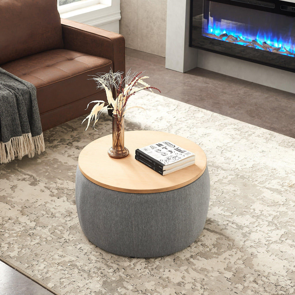 Elegant Dark Grey Round Storage Ottoman with Dual Function.