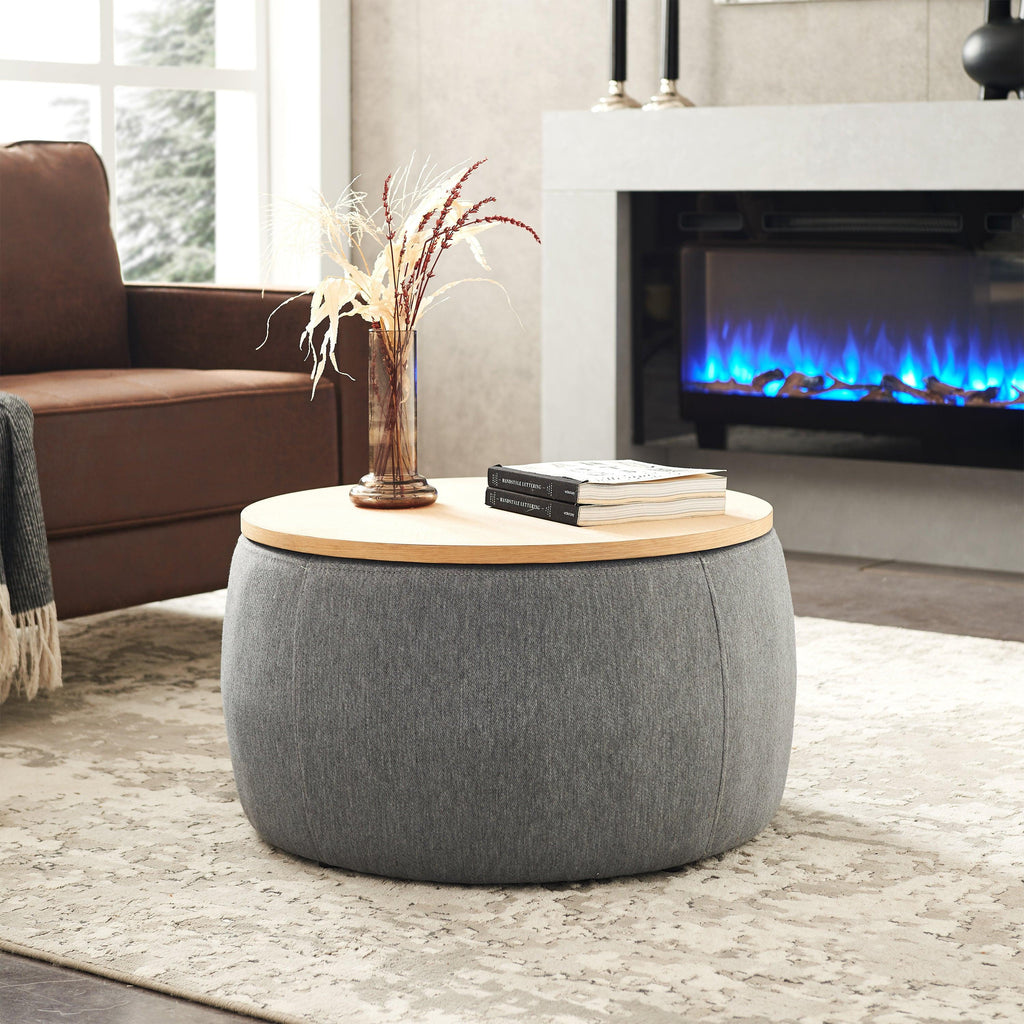 Elegant Dark Grey Round Storage Ottoman with Dual Function.