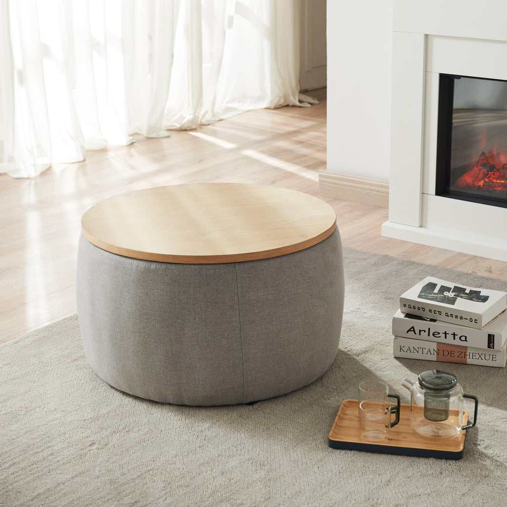 Elegant Dark Grey Round Storage Ottoman with Dual Function.