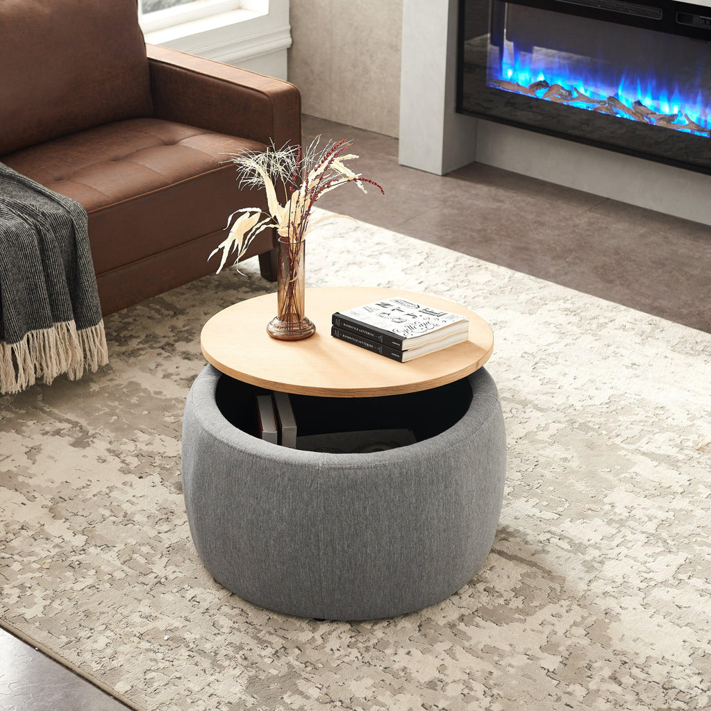 Elegant Dark Grey Round Storage Ottoman with Dual Function.