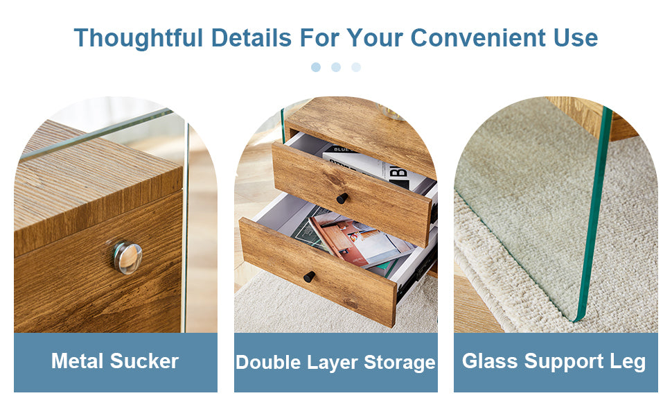 Double-drawer bedside table. The board surface is MDF sticker, and both sides are transparent tempered glass. The design is simple and elegant, with excellent storage functions.