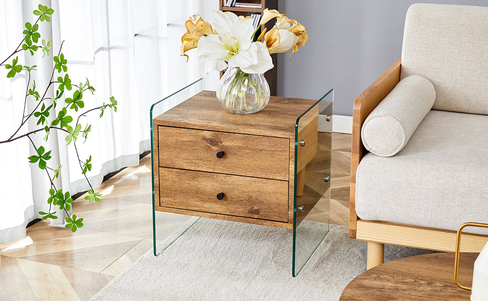 Double-drawer bedside table. The board surface is MDF sticker, and both sides are transparent tempered glass. The design is simple and elegant, with excellent storage functions.