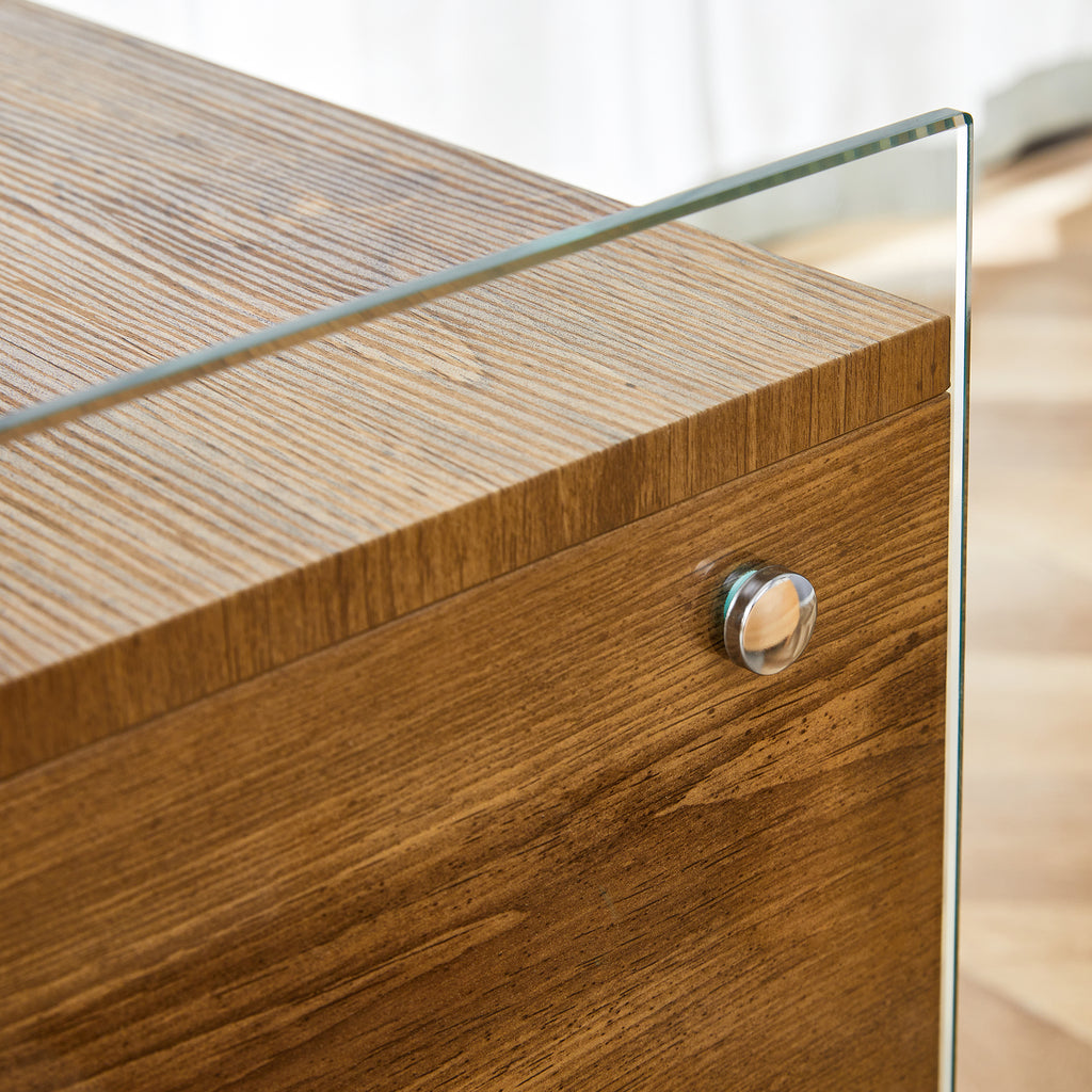 Double-drawer bedside table. The board surface is MDF sticker, and both sides are transparent tempered glass. The design is simple and elegant, with excellent storage functions.