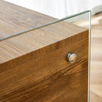 Double-drawer bedside table. The board surface is MDF sticker, and both sides are transparent tempered glass. The design is simple and elegant, with excellent storage functions.