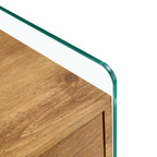 Double-drawer bedside table. The board surface is MDF sticker, and both sides are transparent tempered glass. The design is simple and elegant, with excellent storage functions.