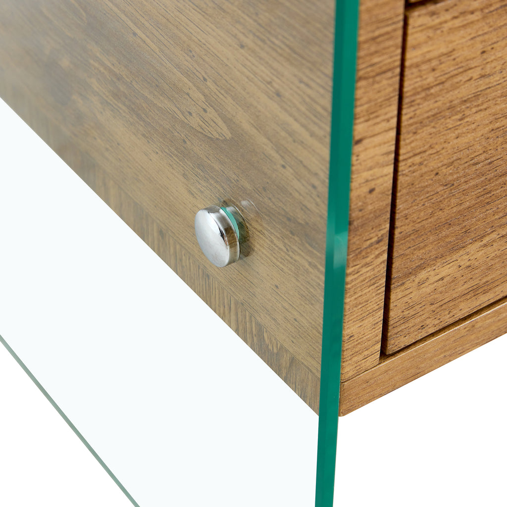 Double-drawer bedside table. The board surface is MDF sticker, and both sides are transparent tempered glass. The design is simple and elegant, with excellent storage functions.