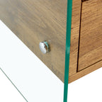Double-drawer bedside table. The board surface is MDF sticker, and both sides are transparent tempered glass. The design is simple and elegant, with excellent storage functions.