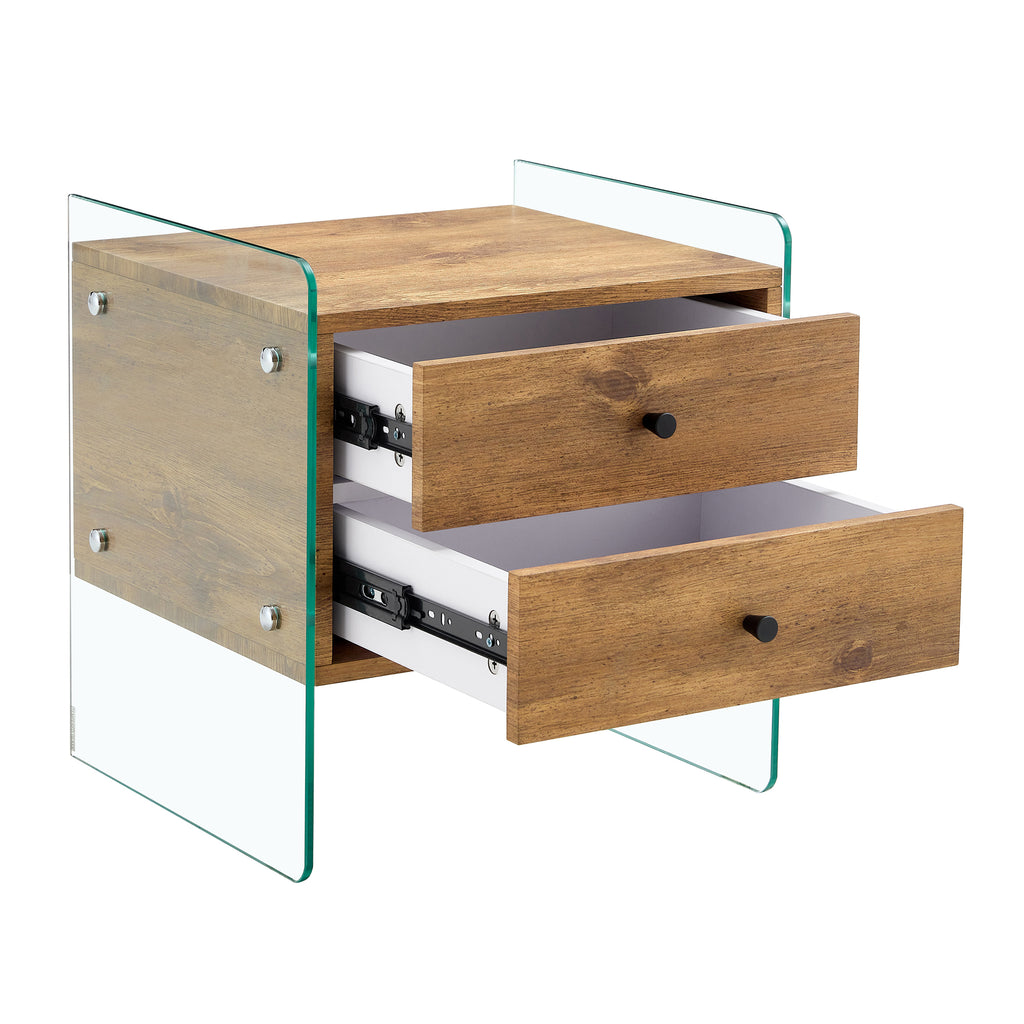 Double-drawer bedside table. The board surface is MDF sticker, and both sides are transparent tempered glass. The design is simple and elegant, with excellent storage functions.