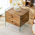 Double-drawer bedside table. The board surface is MDF sticker, and both sides are transparent tempered glass. The design is simple and elegant, with excellent storage functions.