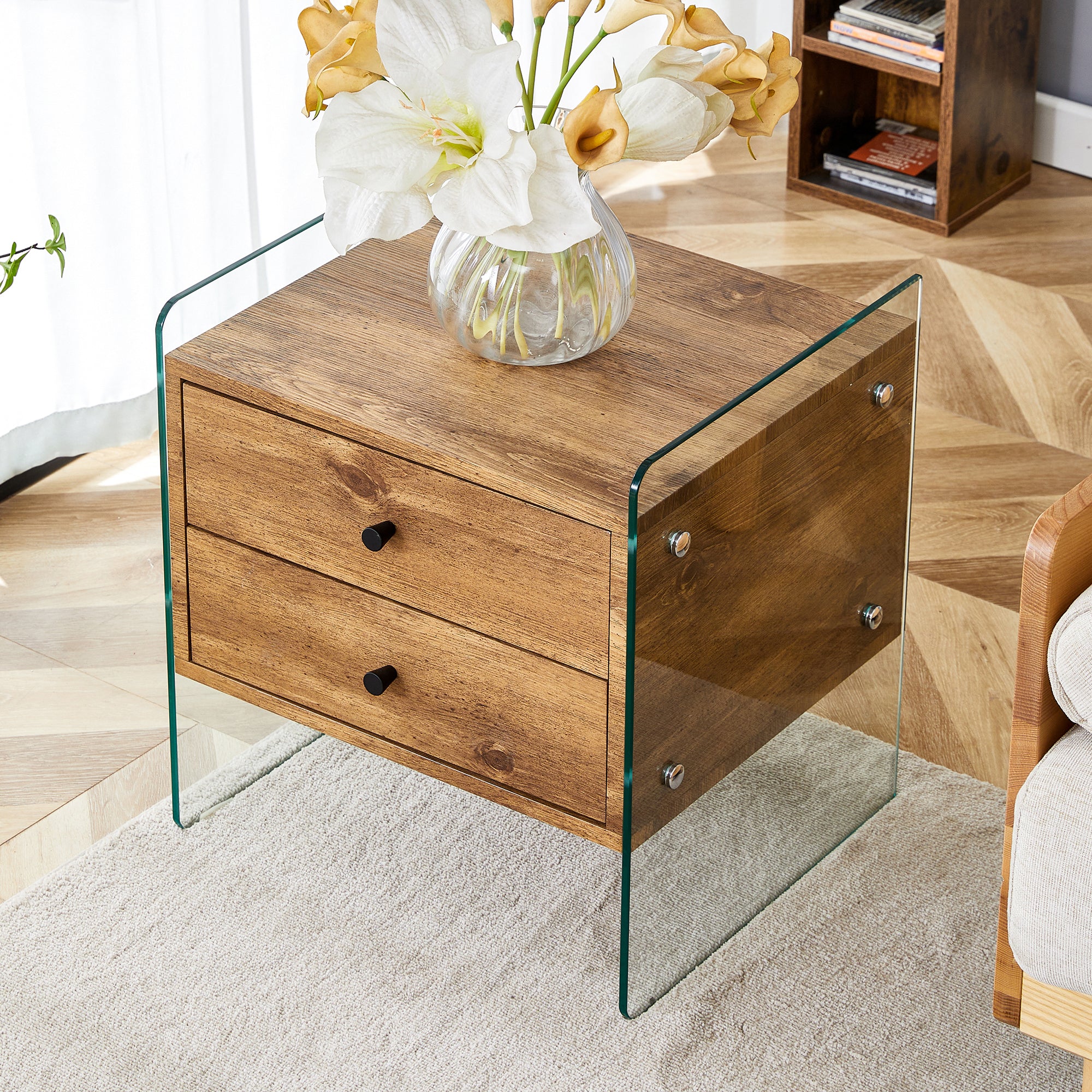 Double-drawer bedside table. The board surface is MDF sticker, and both sides are transparent tempered glass. The design is simple and elegant, with excellent storage functions.