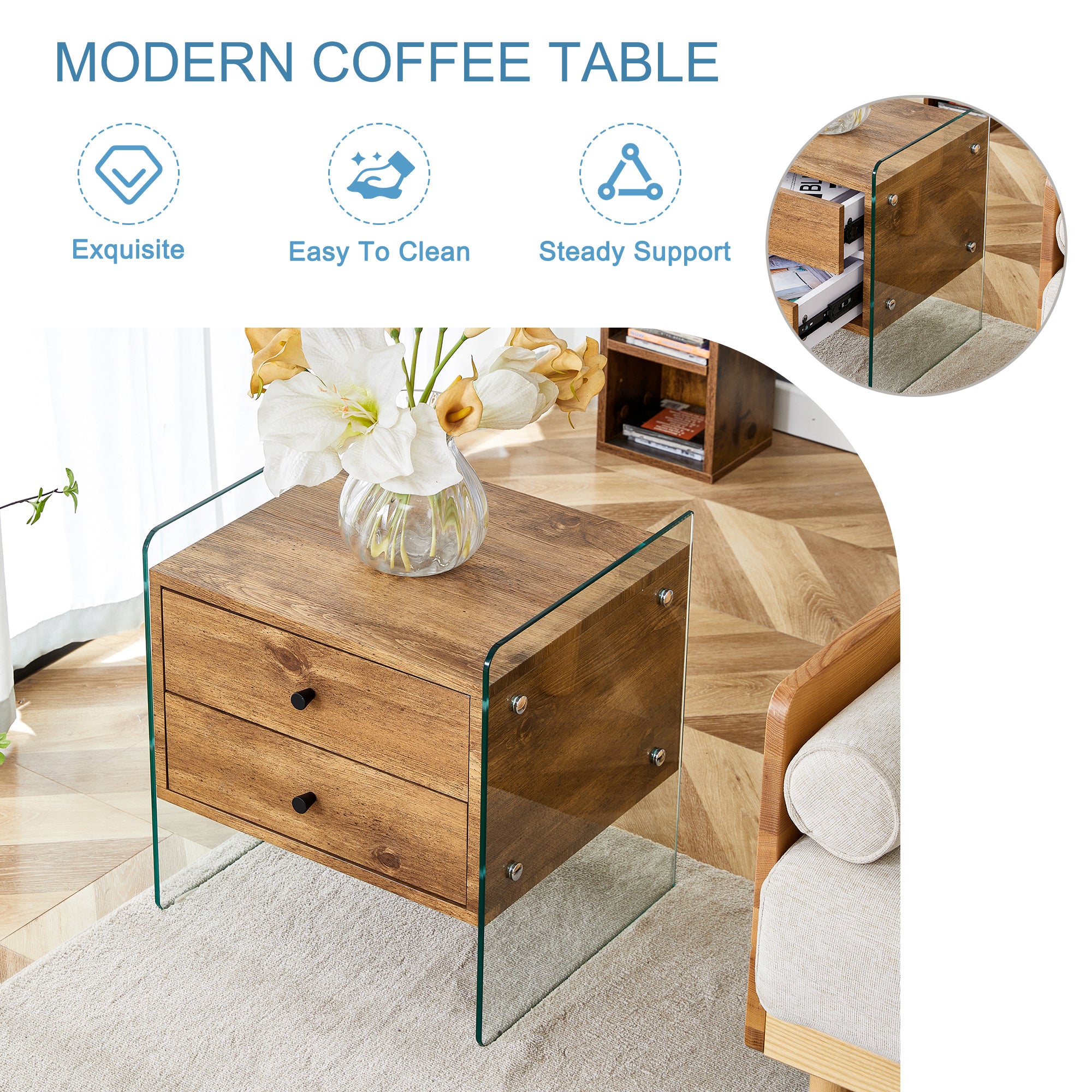 Double-drawer bedside table. The board surface is MDF sticker, and both sides are transparent tempered glass. The design is simple and elegant, with excellent storage functions.