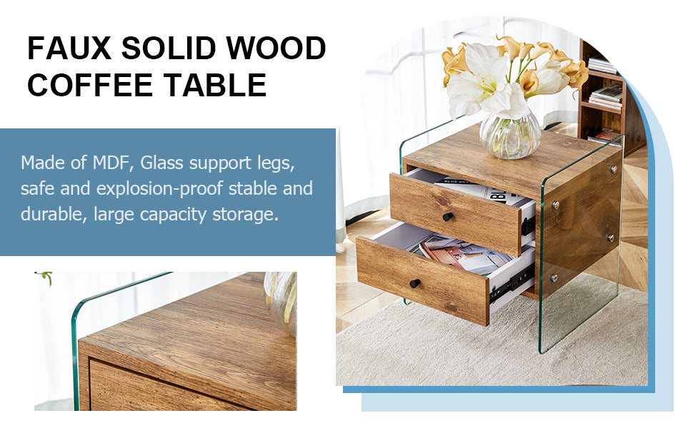 Double-drawer bedside table. The board surface is MDF sticker, and both sides are transparent tempered glass. The design is simple and elegant, with excellent storage functions.