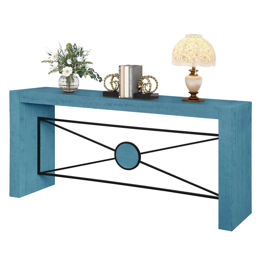 Retro Modern Wood Console Table, Long Sofa Table Behind Couch, Farmhouse Accent Table with Angled Metal Frame, Entryway Table for Hallway, Living Room, Foyer