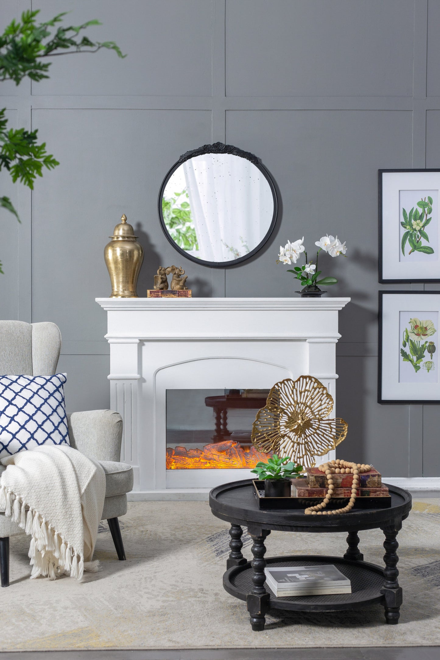 Florence Round Hand Carved Rose Antique Mirror