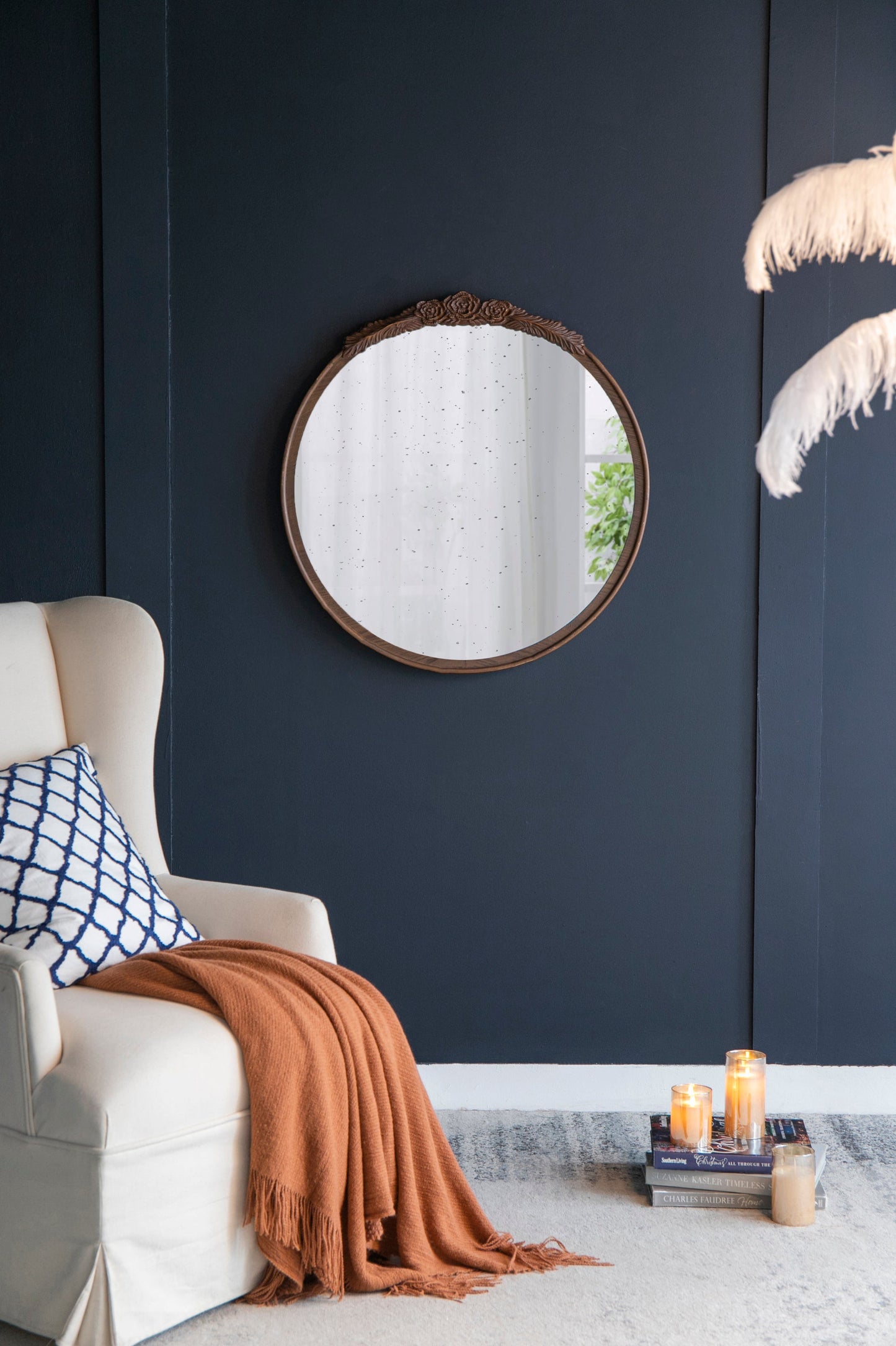 Florence Round Hand Carved Rose Antique Mirror