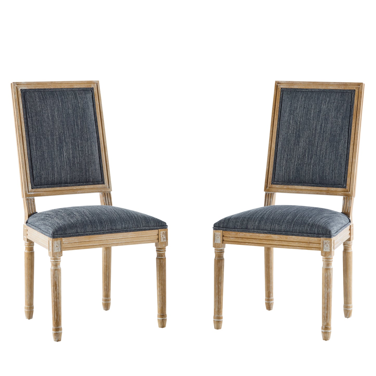 [Set of 2] French Country Dining Chairs - Elegant Cane Backrest & Upholstered Seats with Fluted Legs - Rustic Weathered Finish - Solid Rubberwood Frame - Vintage Inspired Kitchen & Dining Room Chairs