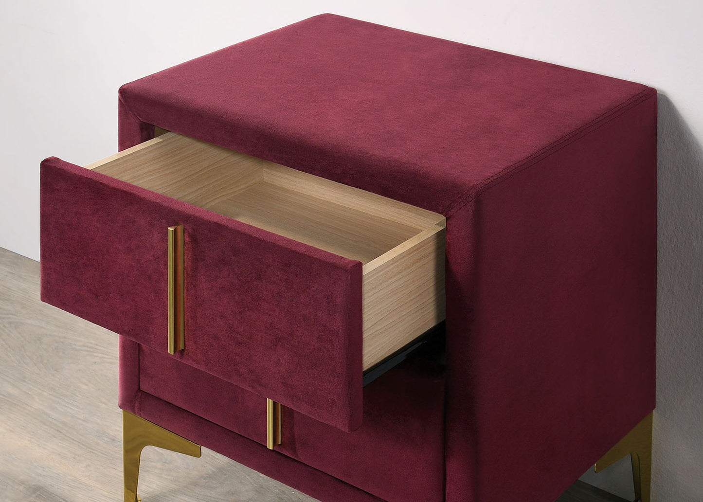 Red And Gold Coated 1pc Nightstand Bar Pull Handle Fully Upholstered Flannelette Classy Bedroom Furniture Bedside Table